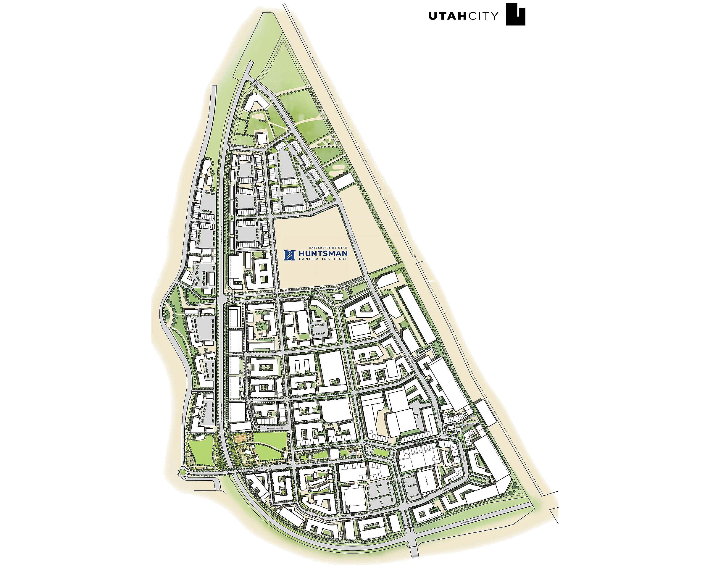 Overhead rendering of the site plan for Huntsman Cancer Institute's Vineyard campus in Utah County