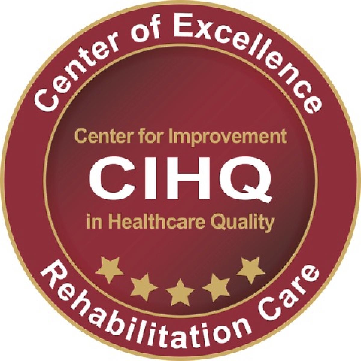 Bergundy circle logo for Center for Improvement in Healthcare Quality with the words Center of Excellence in Rehabilitation Care 