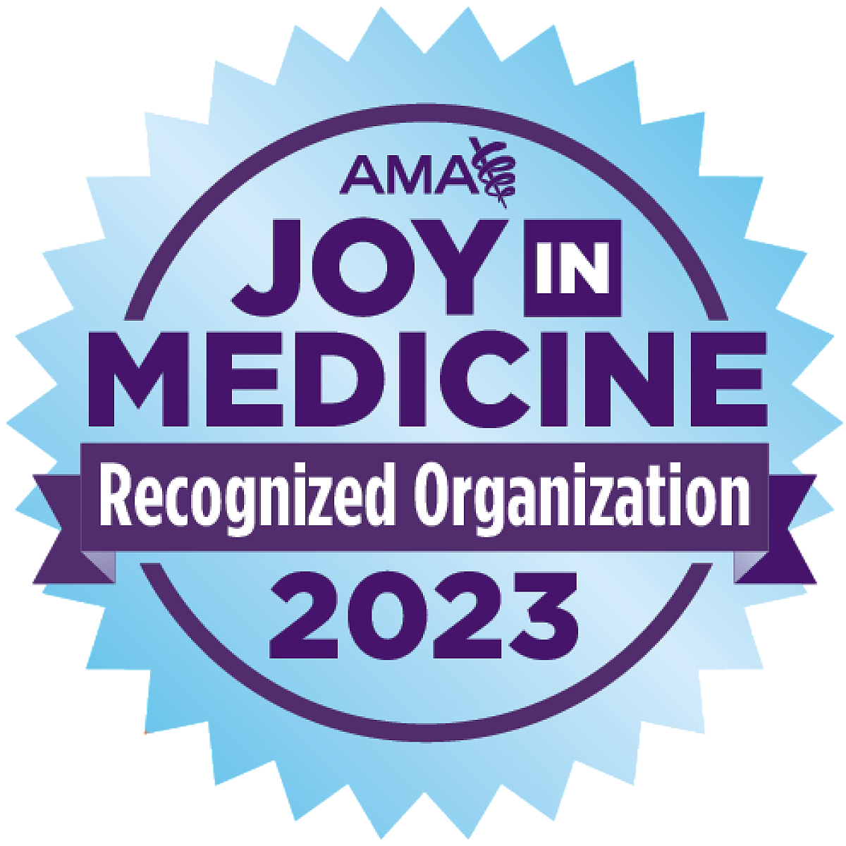 Logo in blue and purple that says AMA Joy in Medicine Recognized Organization 2023