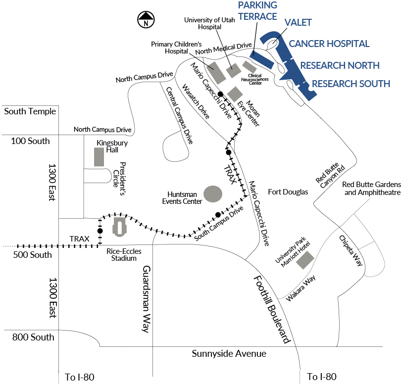 Map showing parking options near the hospital at Huntsman Cancer Institute