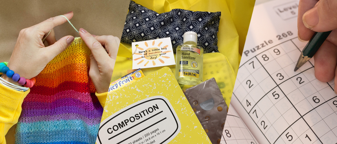 Collage of a woman knitting, a bag of in-kind donations, and a book of sudoku