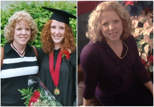 Two photos- K-T Varley and her mother at graduation and her mom sitting by some flowers