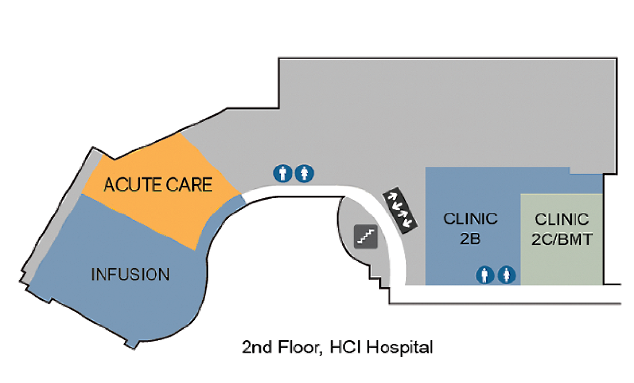 Map of Huntsman Cancer Institute hospital, 2nd floor; acute care is next to infusion
