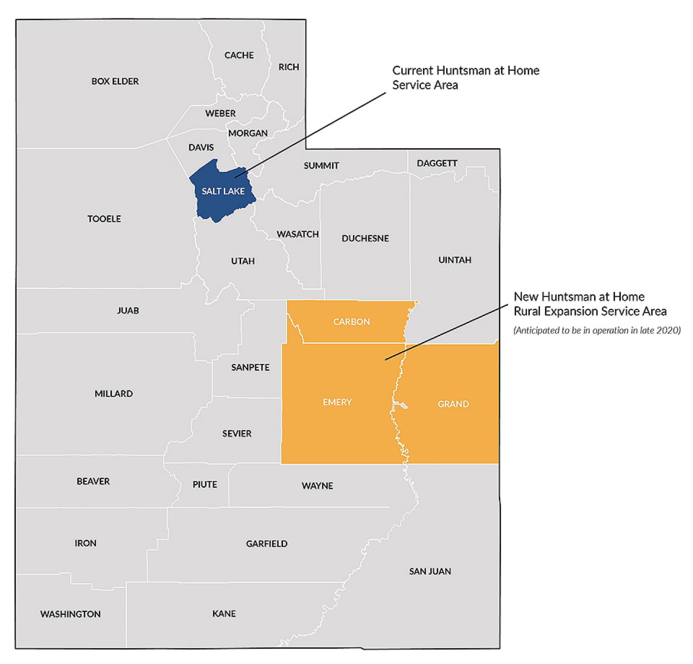 Map of Utah with Huntsman At Home service areas marked
