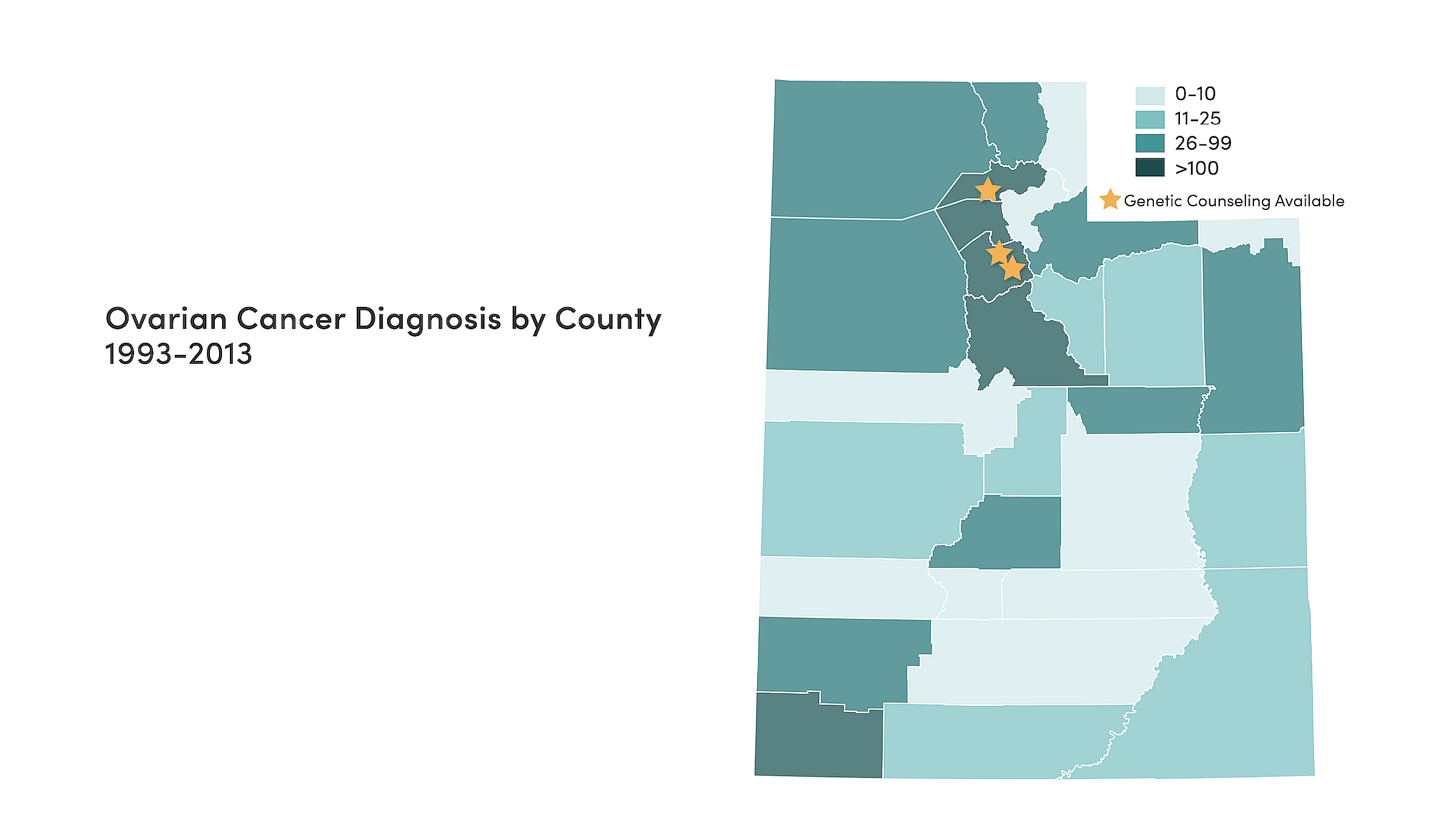 Graphic of ovarian cancer diagnoses by county in Utah