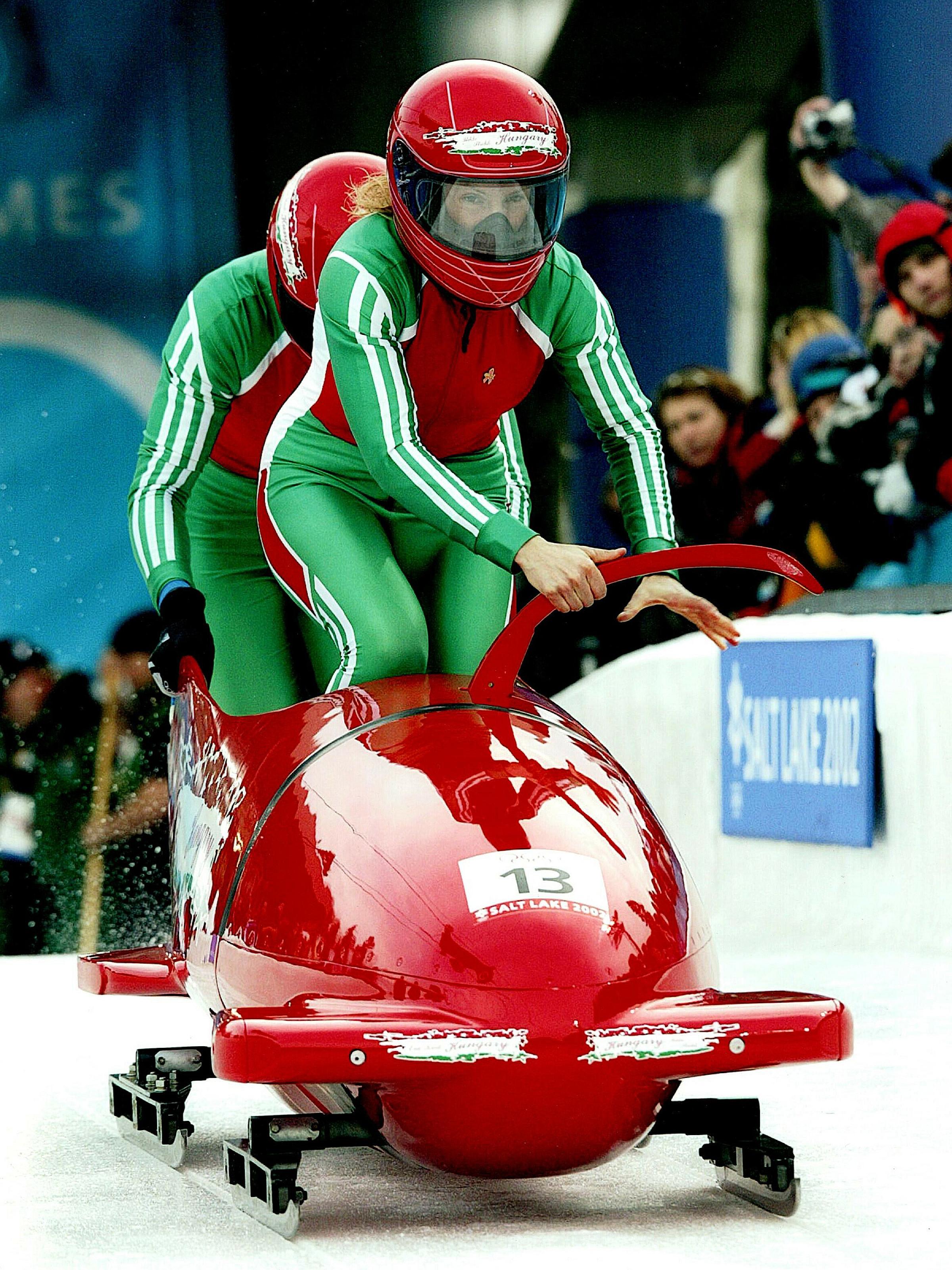 Ildiko Strehli competes in the Olympic Winter Games of 2002 in Women's Bobsled for Hungary