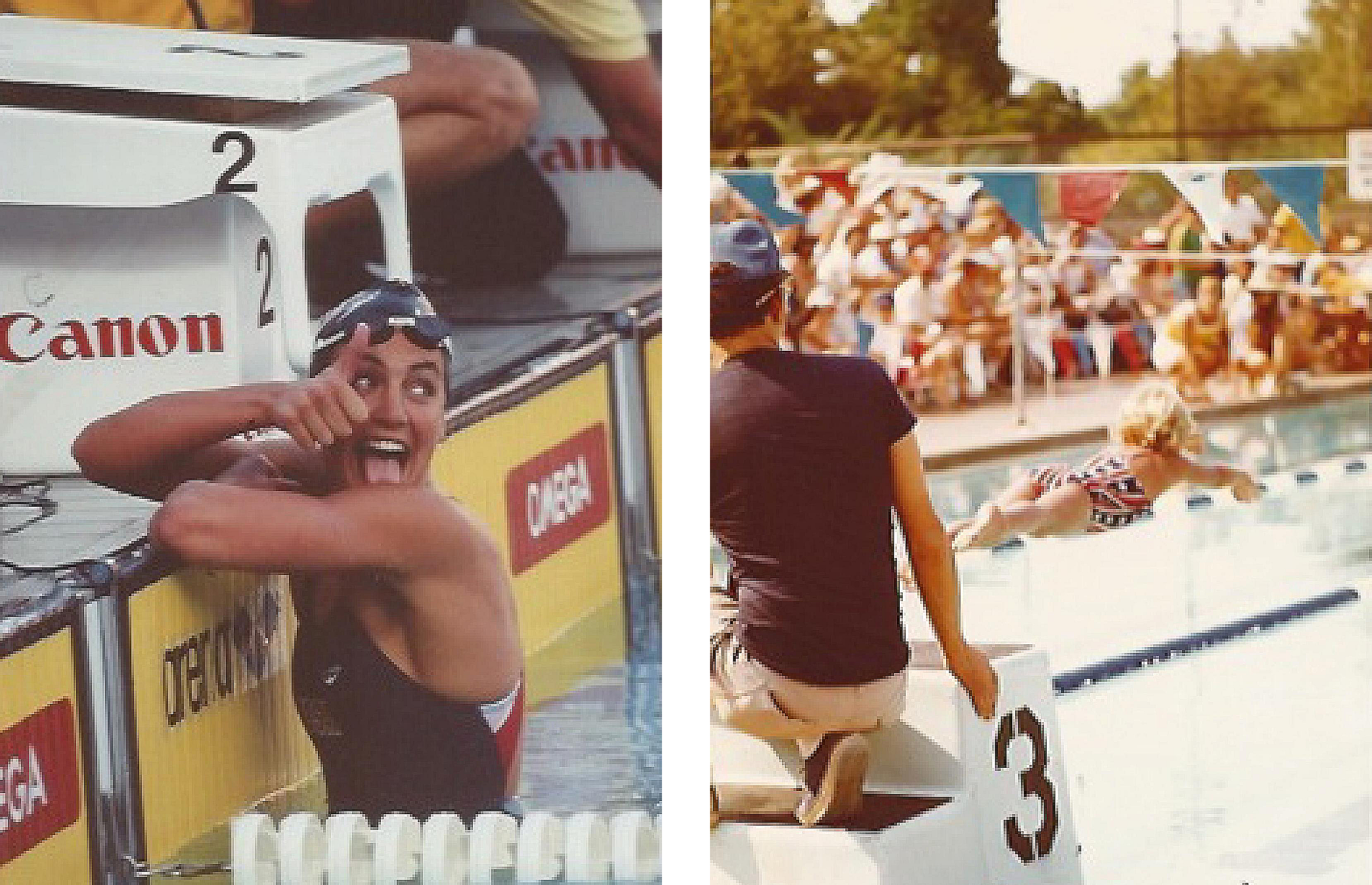 Left: Summer competing in the 200 meter butterfly competition at the World Championship in 1991; Right: Summer diving into a swimming pool when she was a child
