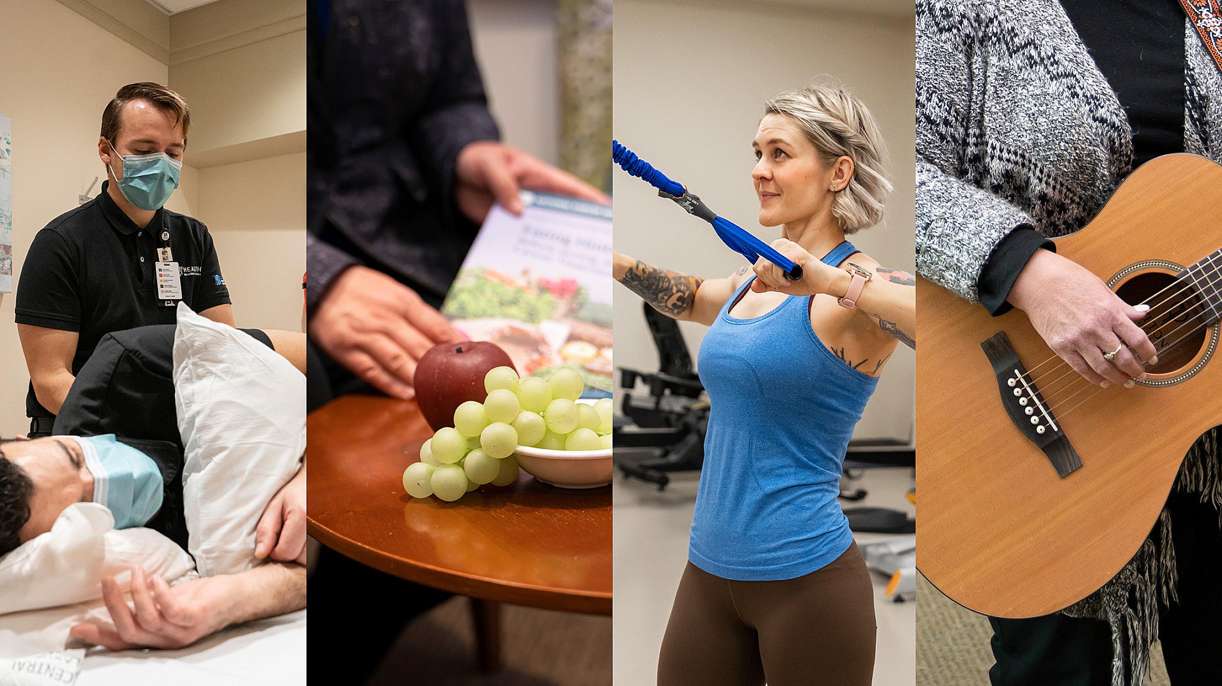 Left to right: massage therapist giving a massage, patient looking at nutrition flyer, staff demonstrating exercise, music therapist holding guitar, acupuncture specialist working on a patient