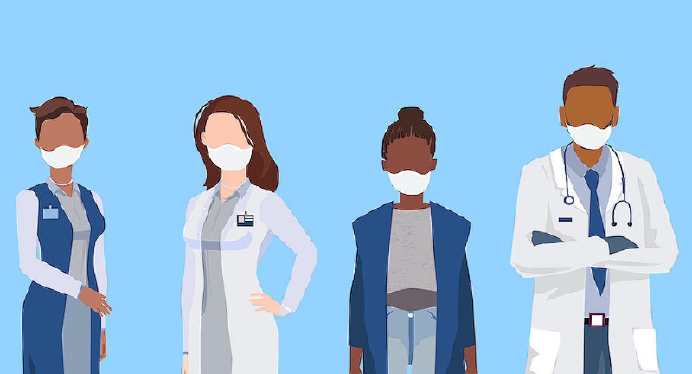 Doctors and nurses standing side by side graphic