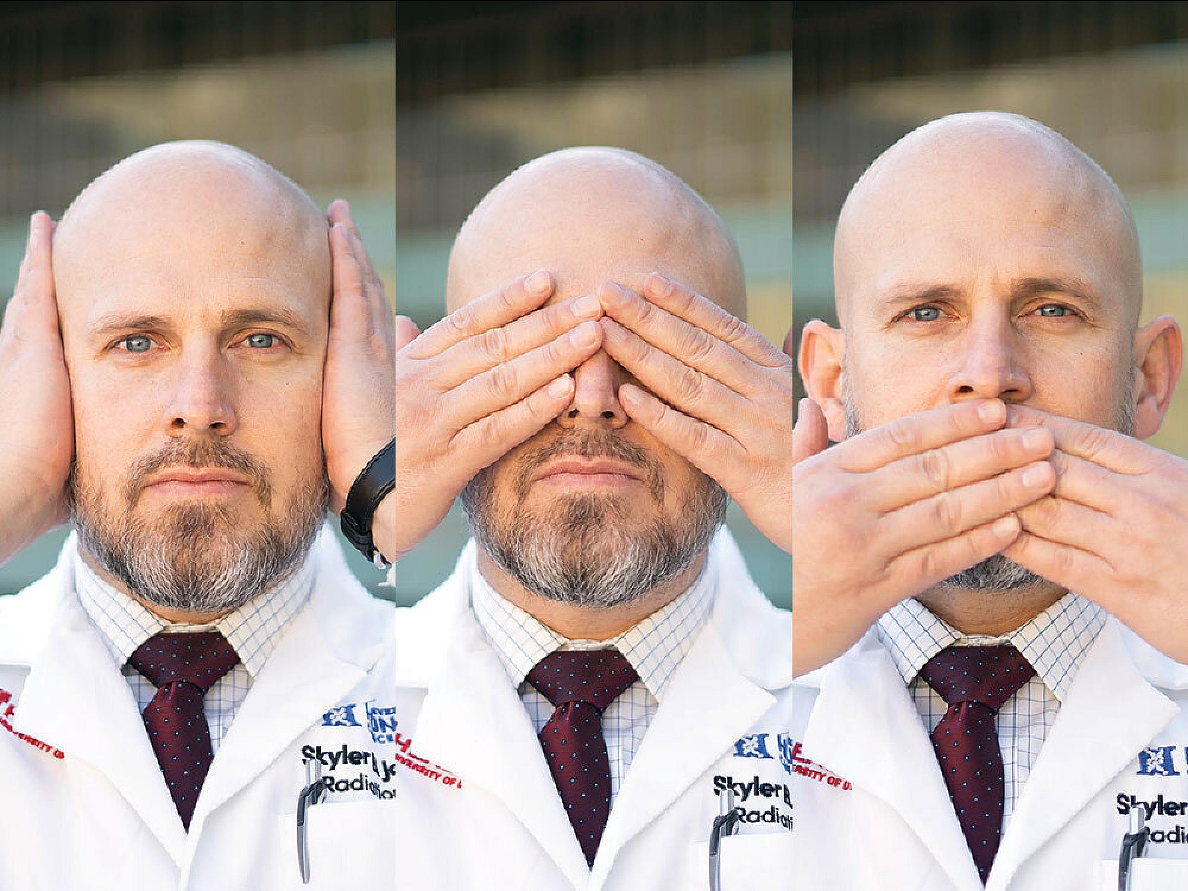 Side-by-side photos of Skyler Johnson, MB covering his eyes, ears, and mouth
