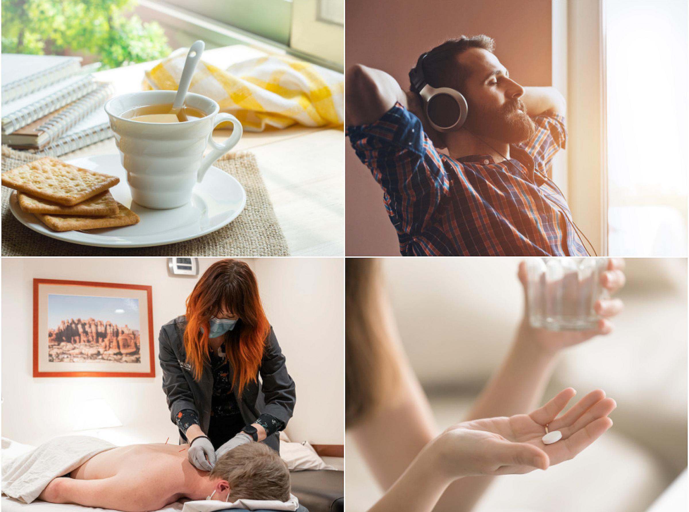Photo collage of a cup of tea, a man listening to music, a patient receiving acupuncture, and a woman taking a pill