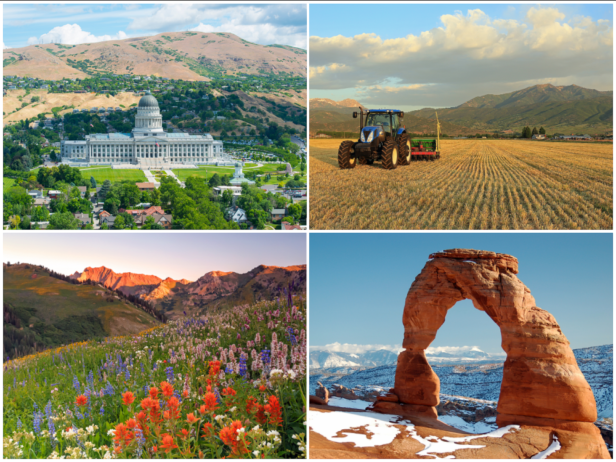 Clockwise from top left: Utah state capital, tractor in field, hills covered in wild flowers, stone arch formation