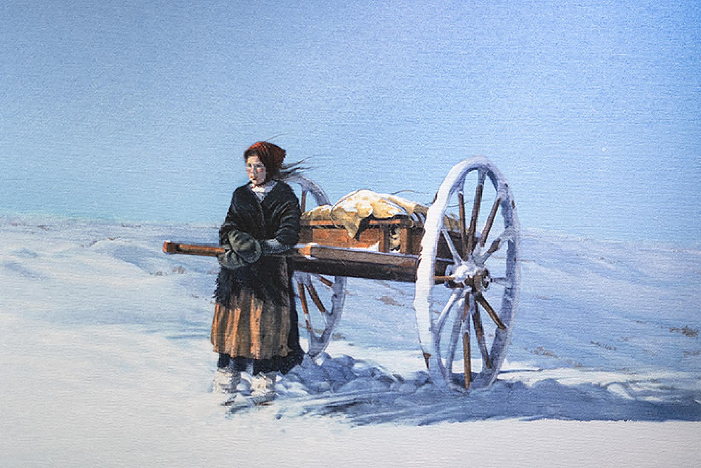 "Trial of Hope...Last Hill" by artist Al Rounds depicts a 13-year-old girl who was part of the Willie handcart company that traveled to Utah in 1856. You can see hope and fortitude in the girl’s face as she braves a ruthlessly cold and unforgiving journey.