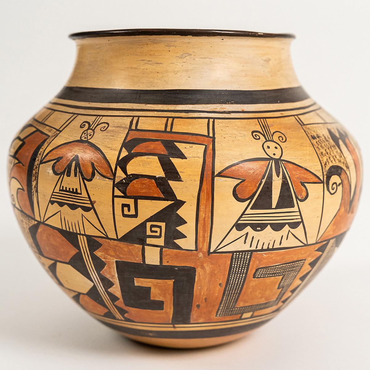 Hopi butterfly pot depicting butterflies, Hopi parrots, and other stylized motifs