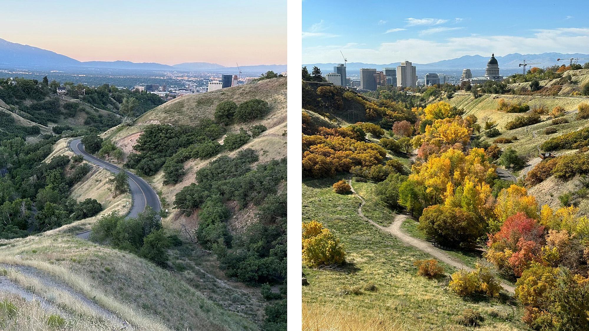 Two shots of the Salt Lake valley, showing summer and fall foliage