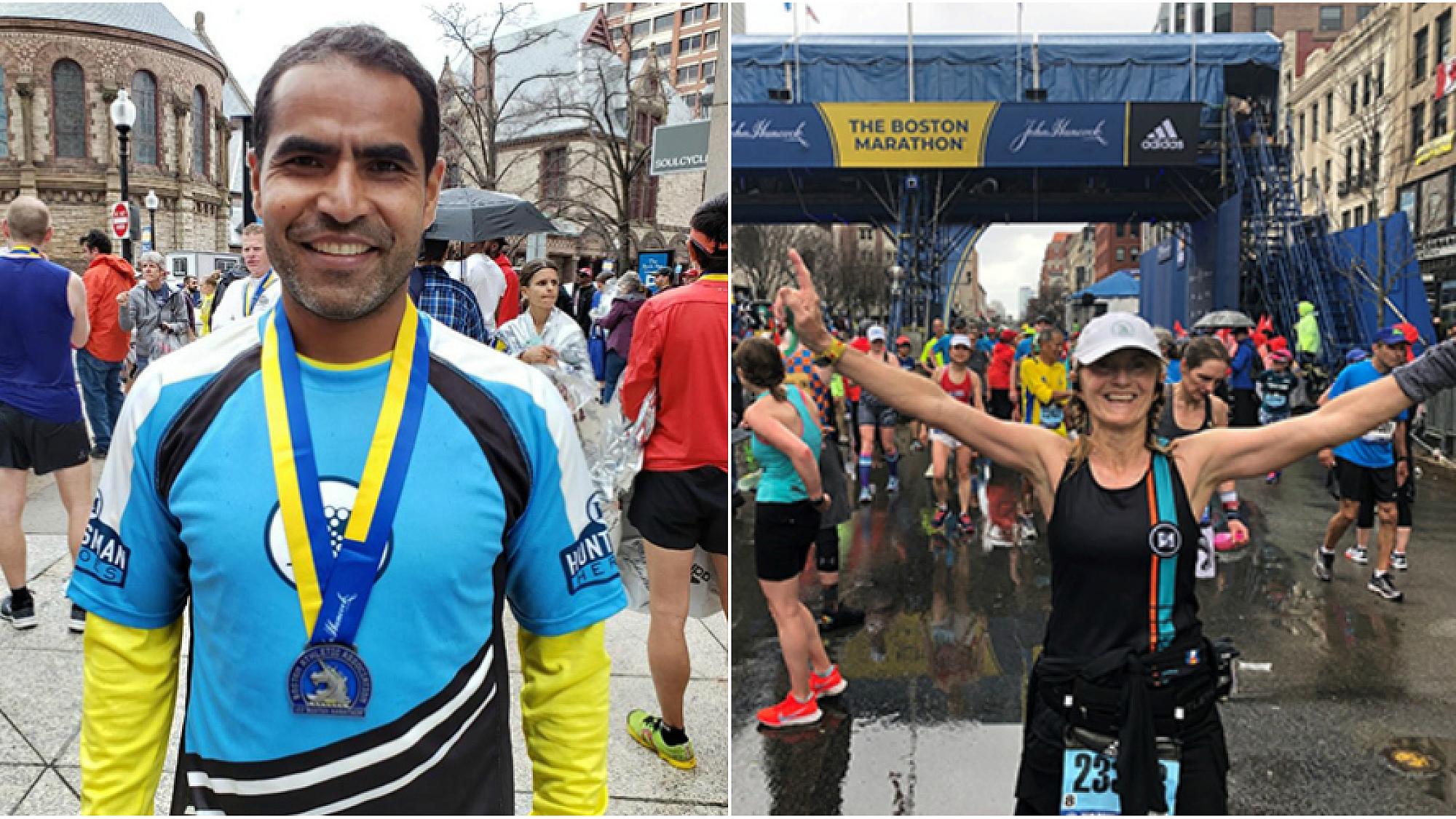 Chet Budhathoki and Kandi Rasmussen at the Boston marathon collage