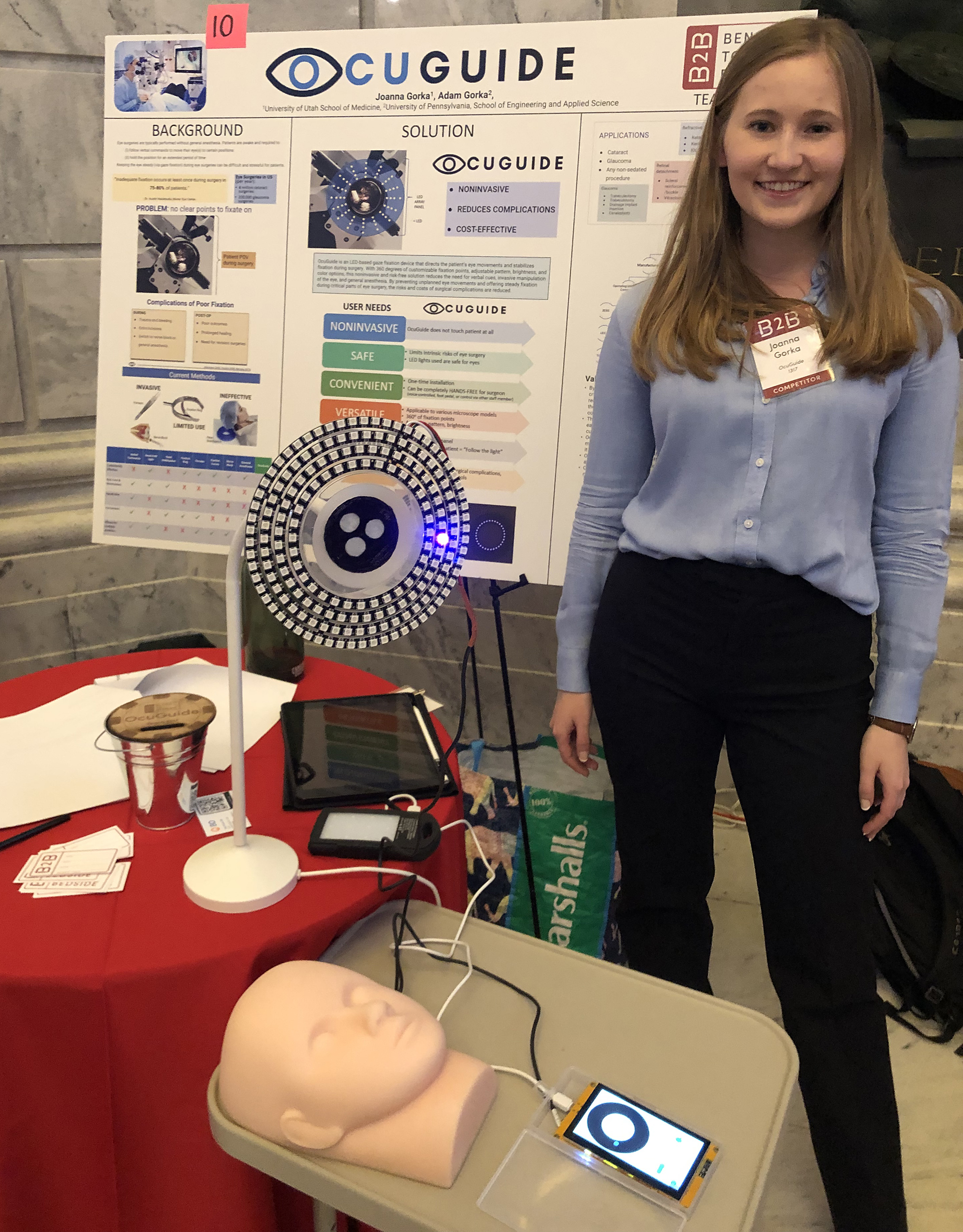 Utah medical student Joanna Gorka displays her award-winning OcuGuide medical device.