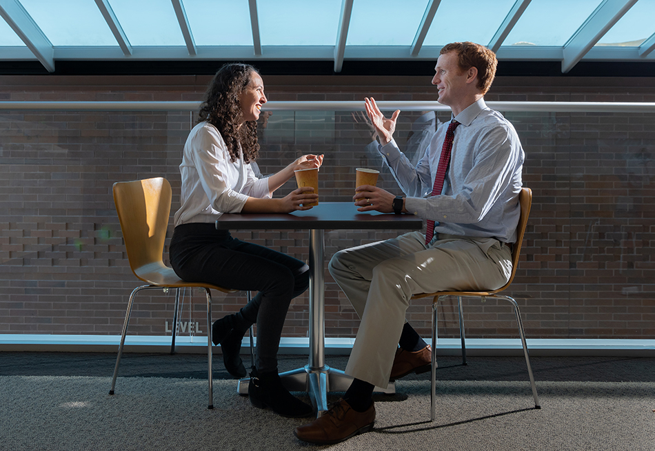 Moran Eye Center Director of Wellness Griffin Jardine, MD, meets with first-year resident Ariana Levin, MD, through the Mocha with a Mentor program, part of a new wellness initiative for medical students.