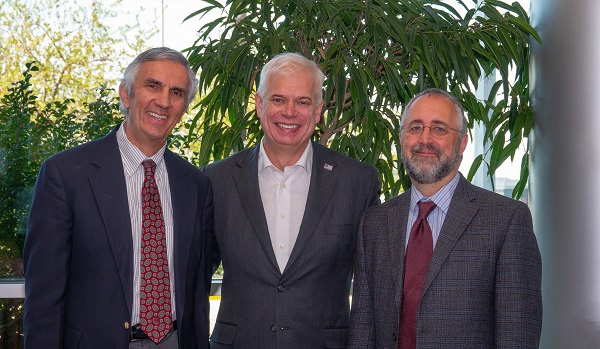 Keynote speaker Michael Abramoff, MD, PhD, center, is pictured with Moran Eye Center’s Paul Bernstein, MD, PhD, right, and Nick Mamalis, MD, co-chairs of Translational Research Day. 