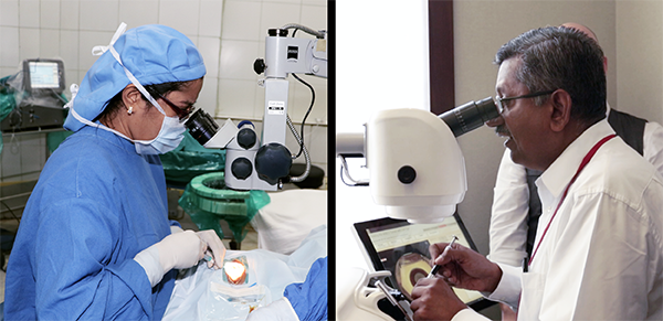 The HelpMeSee Eye Surgery Simulator, at right, offers a state-of-the-art and user-friendly layout that mimics a typical operating room set up for cataract surgery.