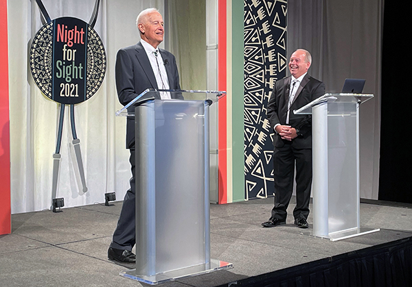 Moran CEO Randall J Olson, MD, left, and auctioneer Bill Menish during the Night for Sight livestream Oct. 9, 2021, at The Grand America Hotel in Salt Lake City.