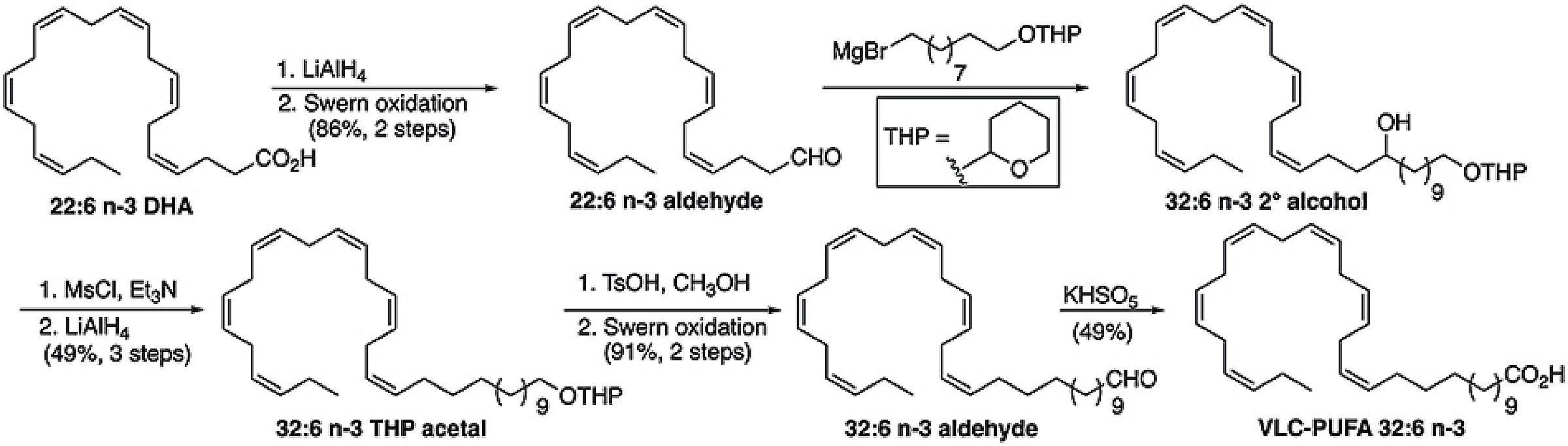 Chemical synthesis of a retina-specific VLC-PUFA (32:6 n-3) from docosahexaenoic acid (DHA).