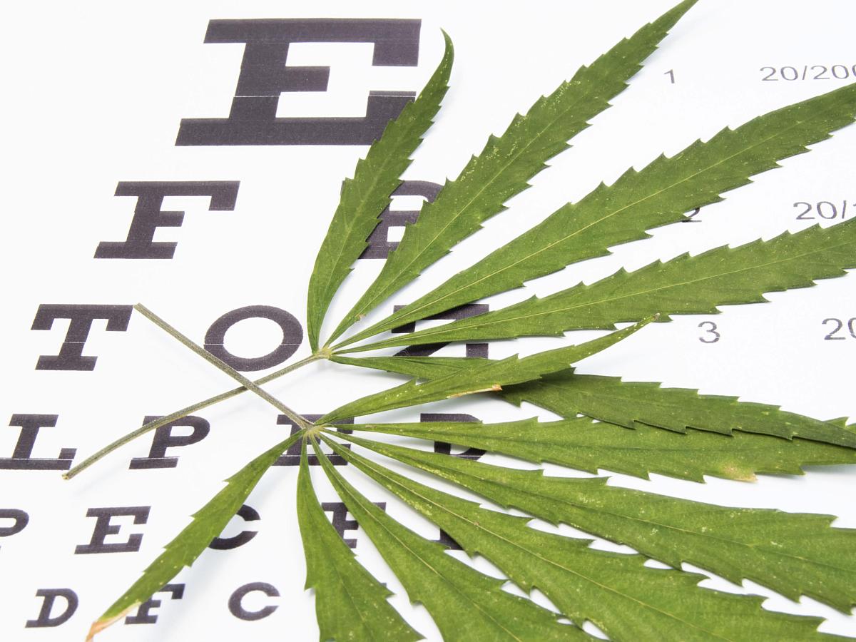 Marijuana leaf over an eye chart.