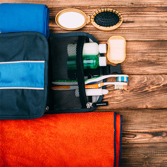 Toiletries against a wooden background