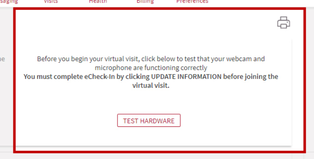 MyChart virtual visits device test screenshot