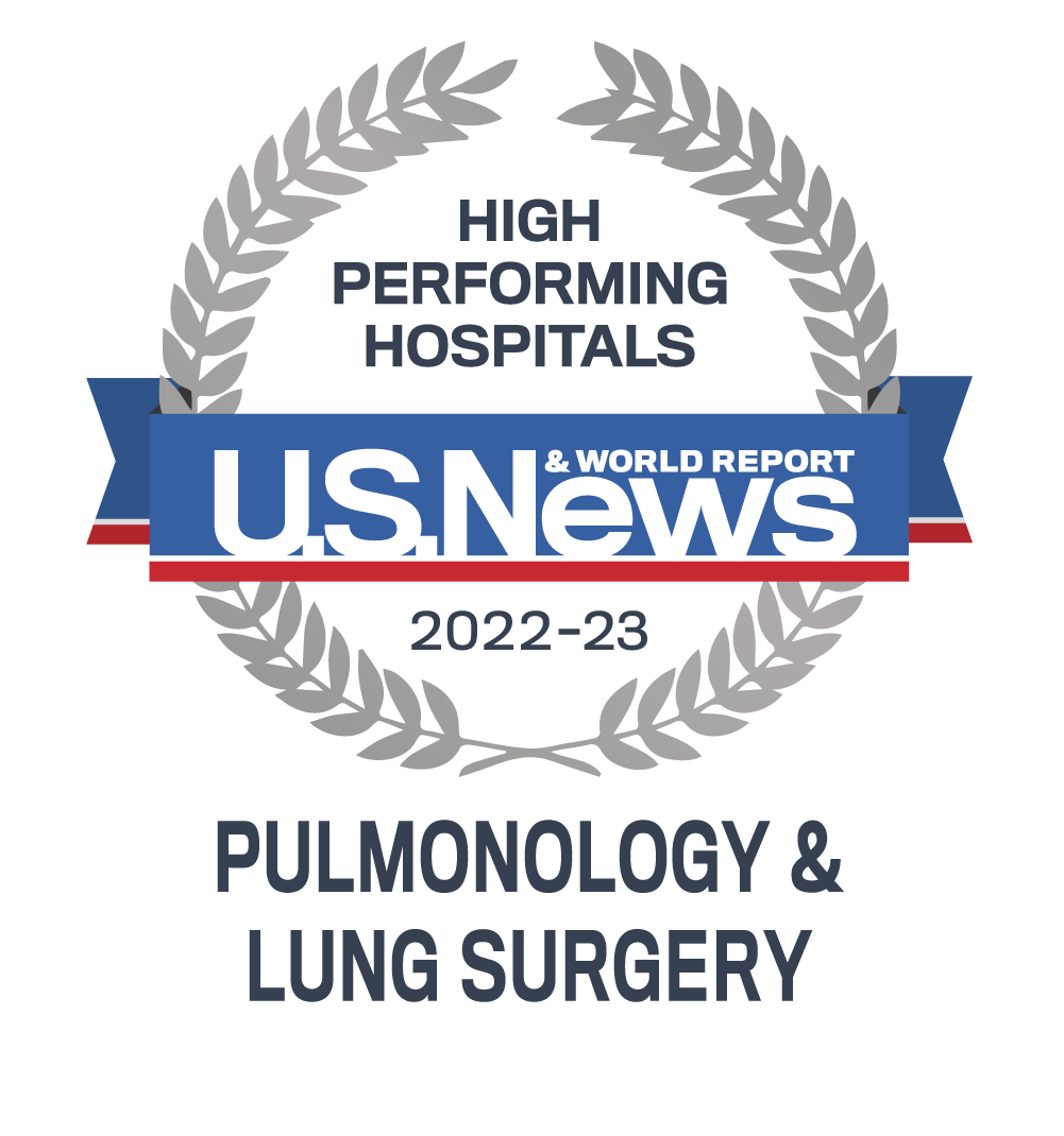U.S. News & World Report Badge Emblem for High Performing Hospitals in Pulmonology & Lung Surgery Care 2022-2023