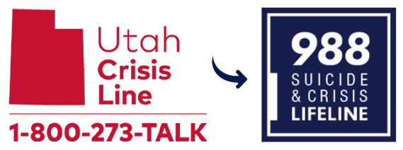 Picture of Utah Crisis Line red logo with an arrow pointing to the 988 suicide and crisis lifeline navy blue logo