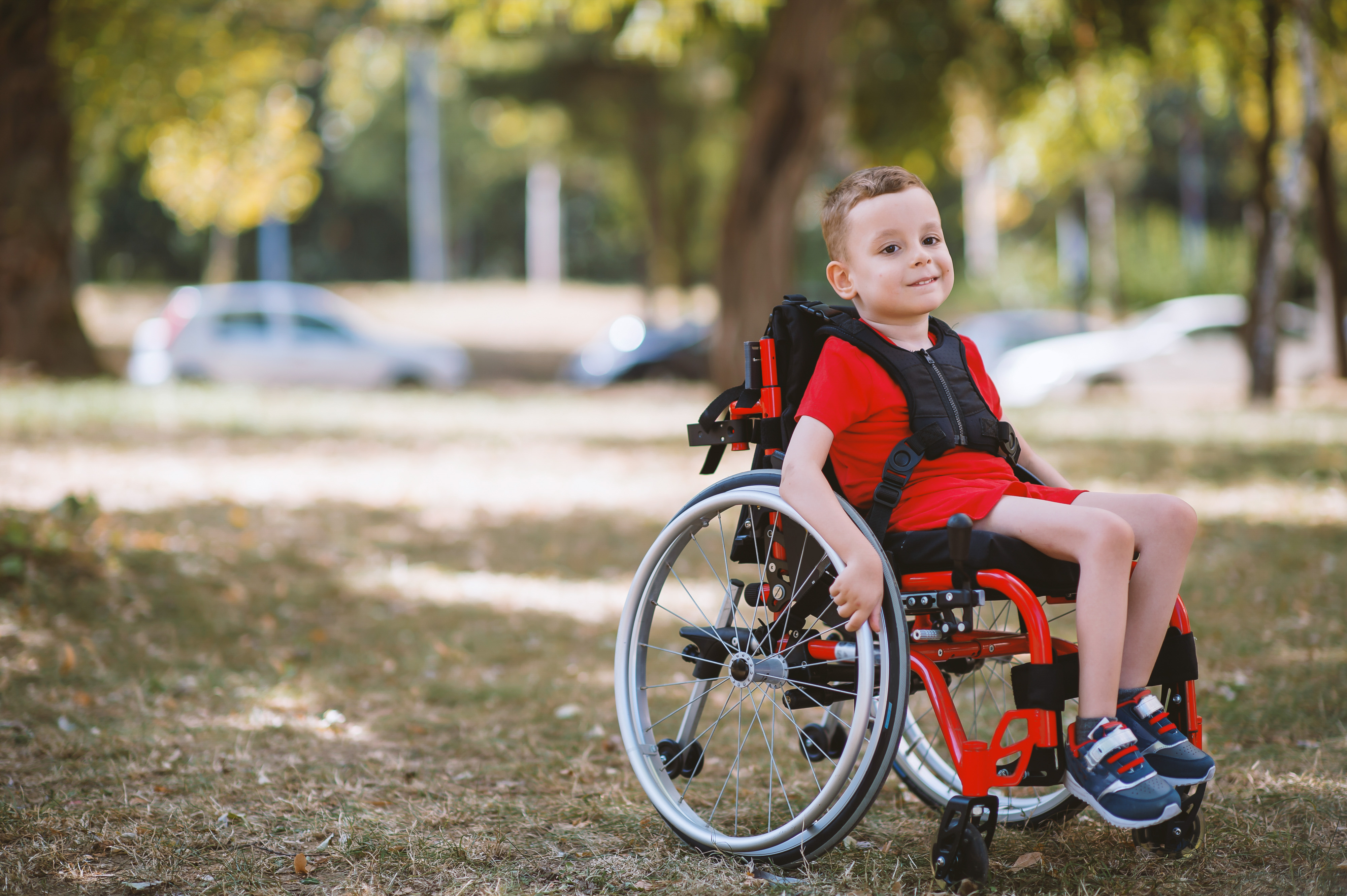 Niño en un parque, silla de ruedas