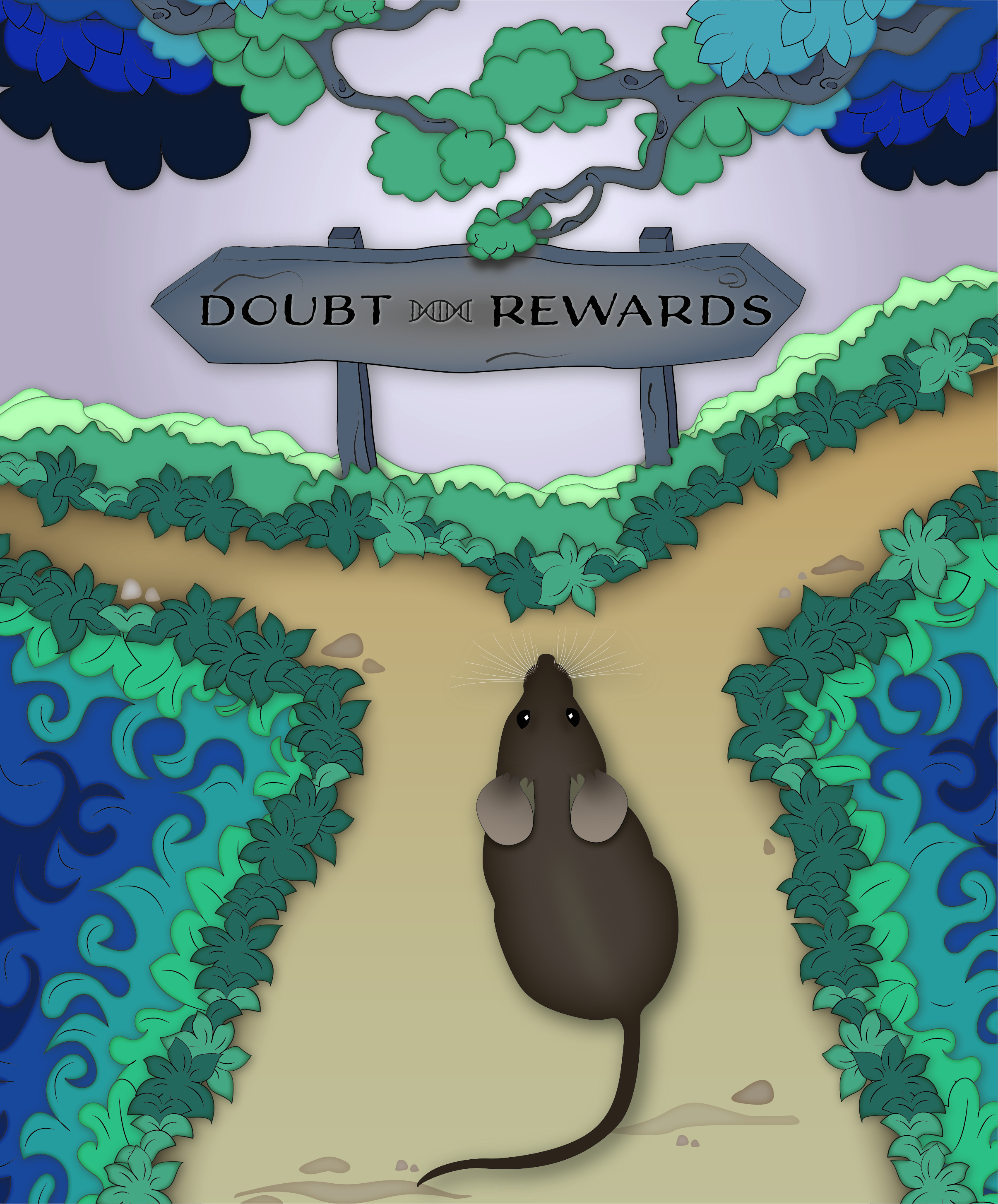 Mouse deciding whether to take the path to "doubt" or the path to "reward."
