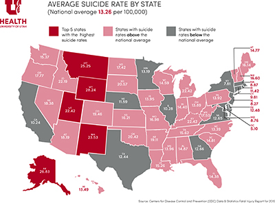 US states map of average suicide rates