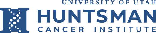 Blue logo of a stylized letter H with a helix in its center, accompanied by the words "University of Utah Huntsman Cancer Institute."
