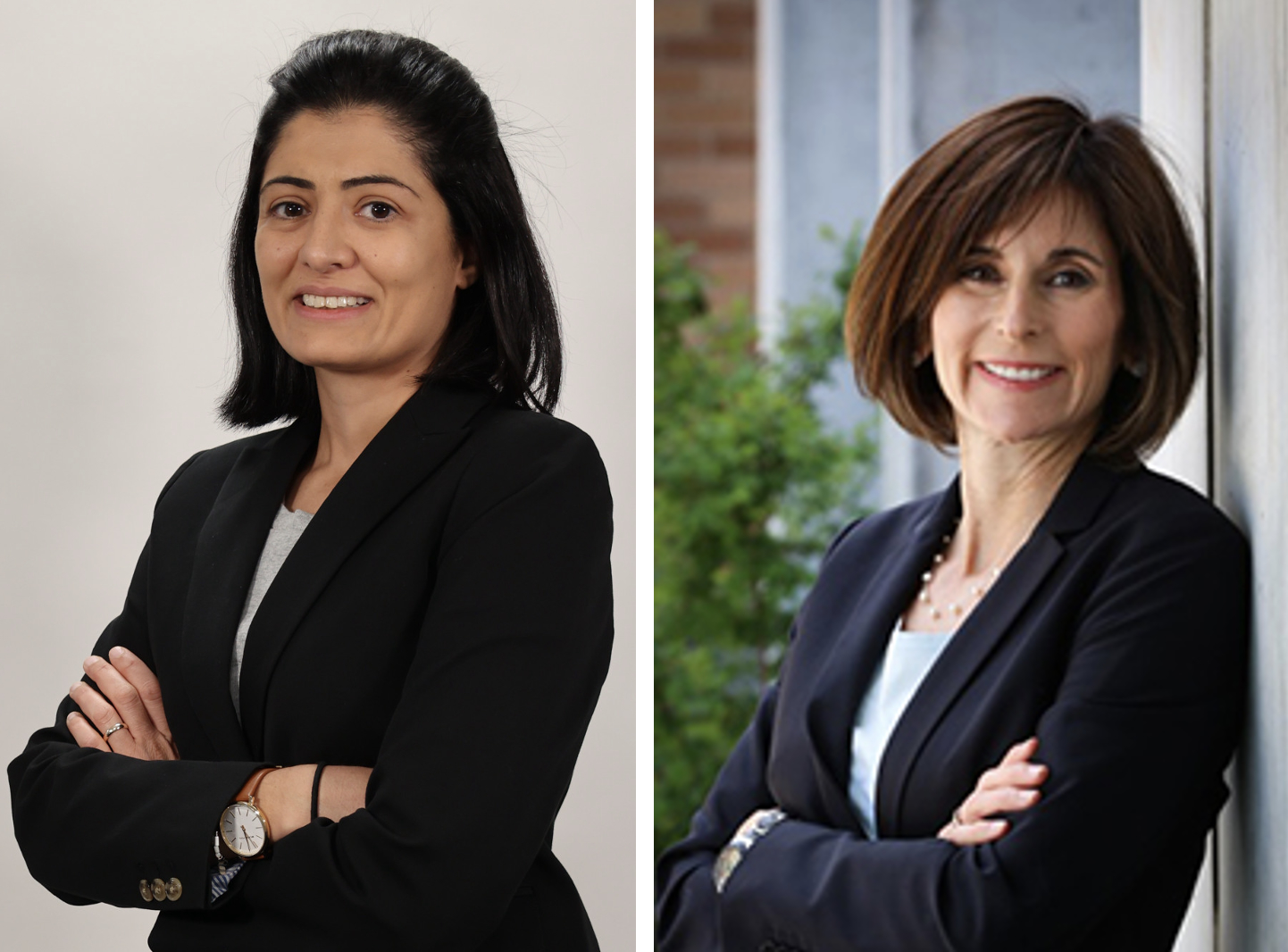 Panel of 2 profile photos of women in black suits smiling at the camera.
