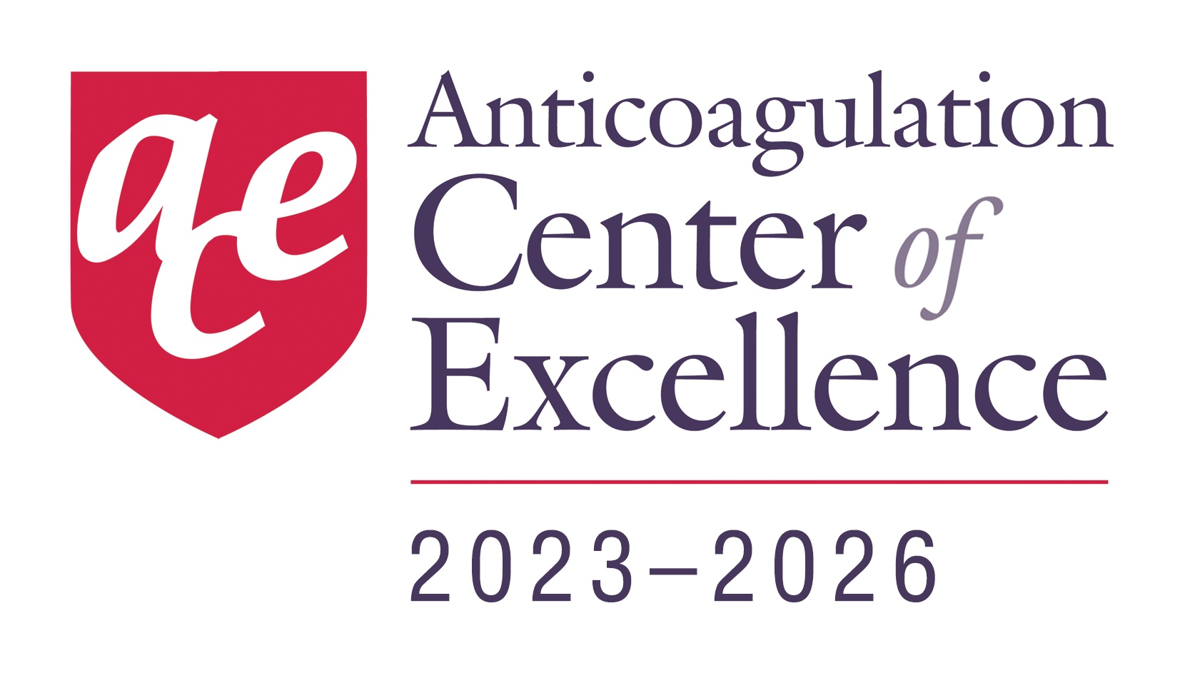 Anticoagulation Center of Excellence 2023-2026 designation showing white letters of ACE in a red block of color