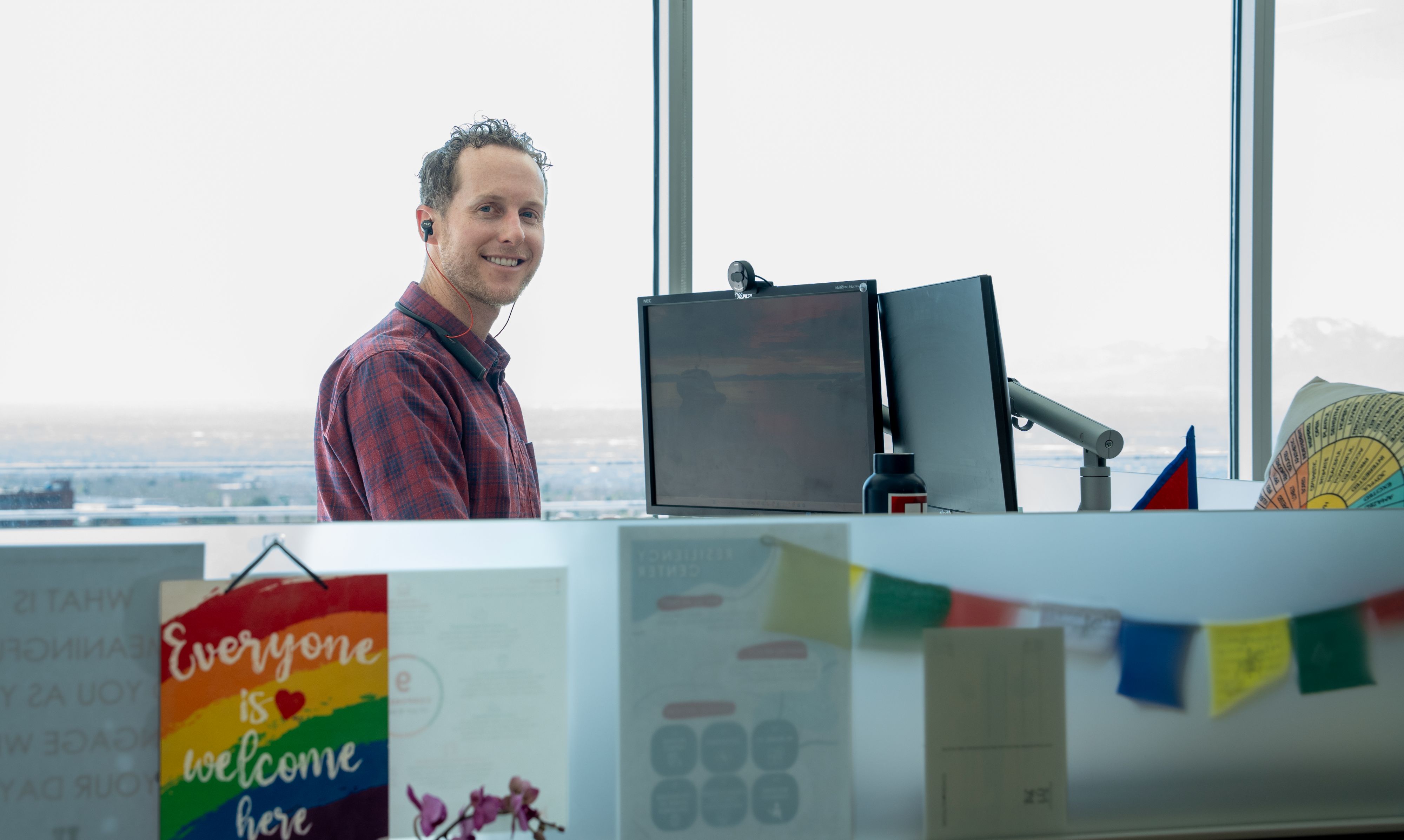 Mike Day enjoying the office view from his standing desk