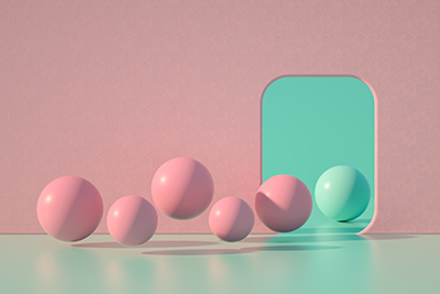 A conceptual image showing small balls entering a door