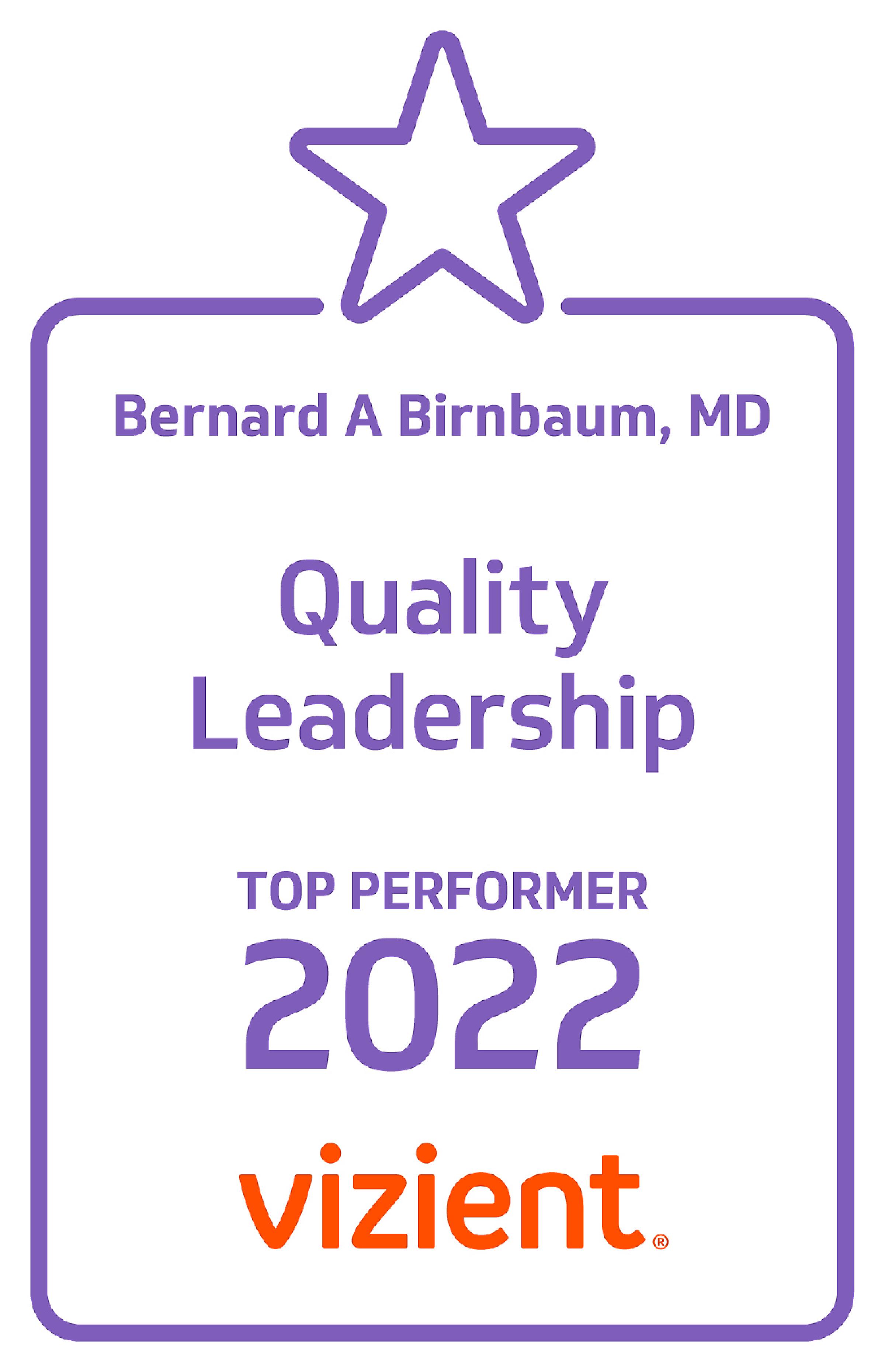 Vizient 2022 Top Performer Quality Leadership Ranking Badge