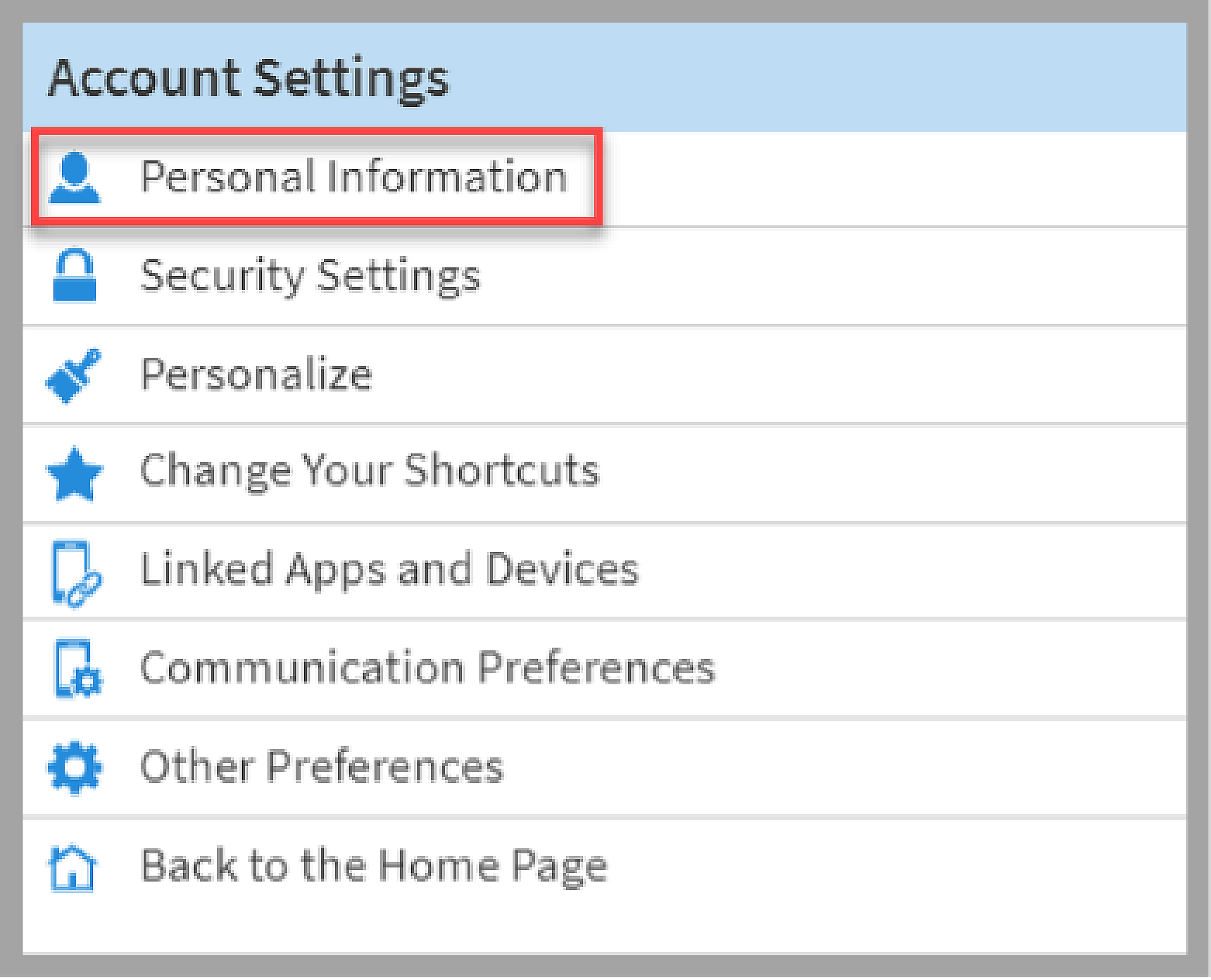 Picture of MyChart account settings menu with Personal Information outlined in a red box