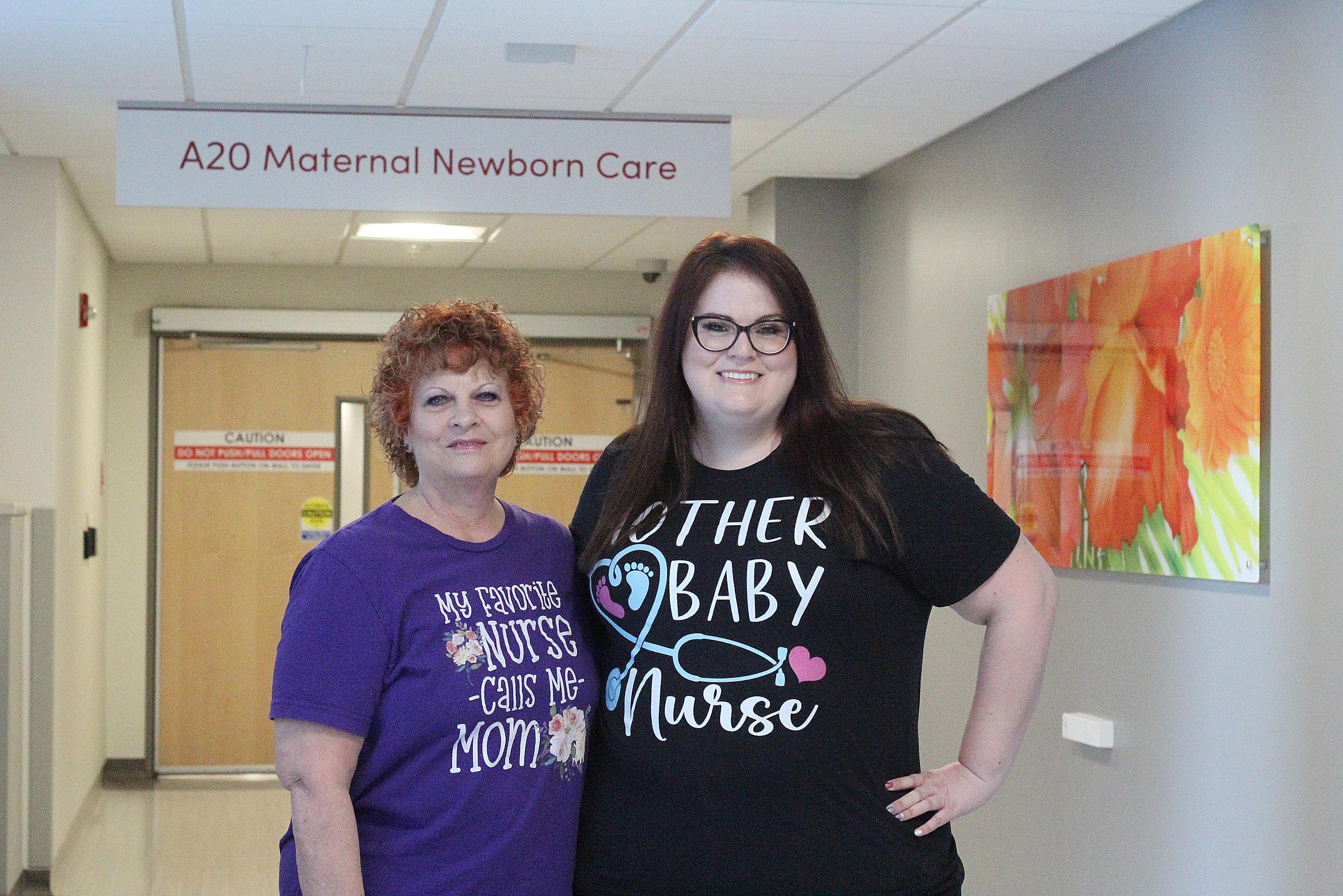 Cheryl Harris (left) stands with her daughter Hollee Harris, RN, (right) outside of University of Utah Health’s Maternal Newborn Care unit.