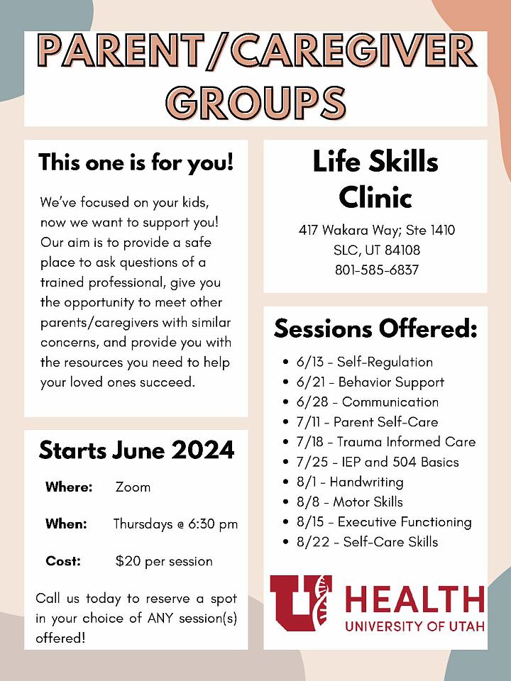 Modern teal and soft pink flyer. Parent/caregiver group session info. Sessions begin June 2024.