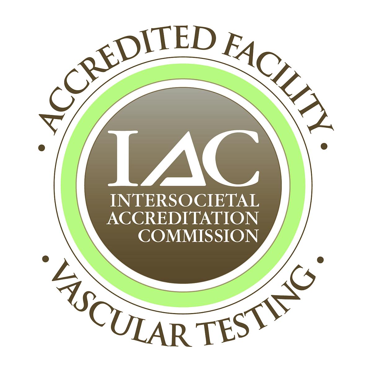 Round brown and green seal that says Accredited Facility Vascular Testing Intersocietal Accreditation Commission