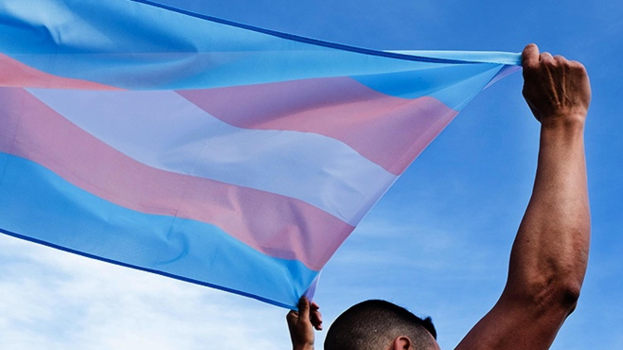 Person holds up the transgender pride flag with two pink stripes, two blue stripes, and one white stripe