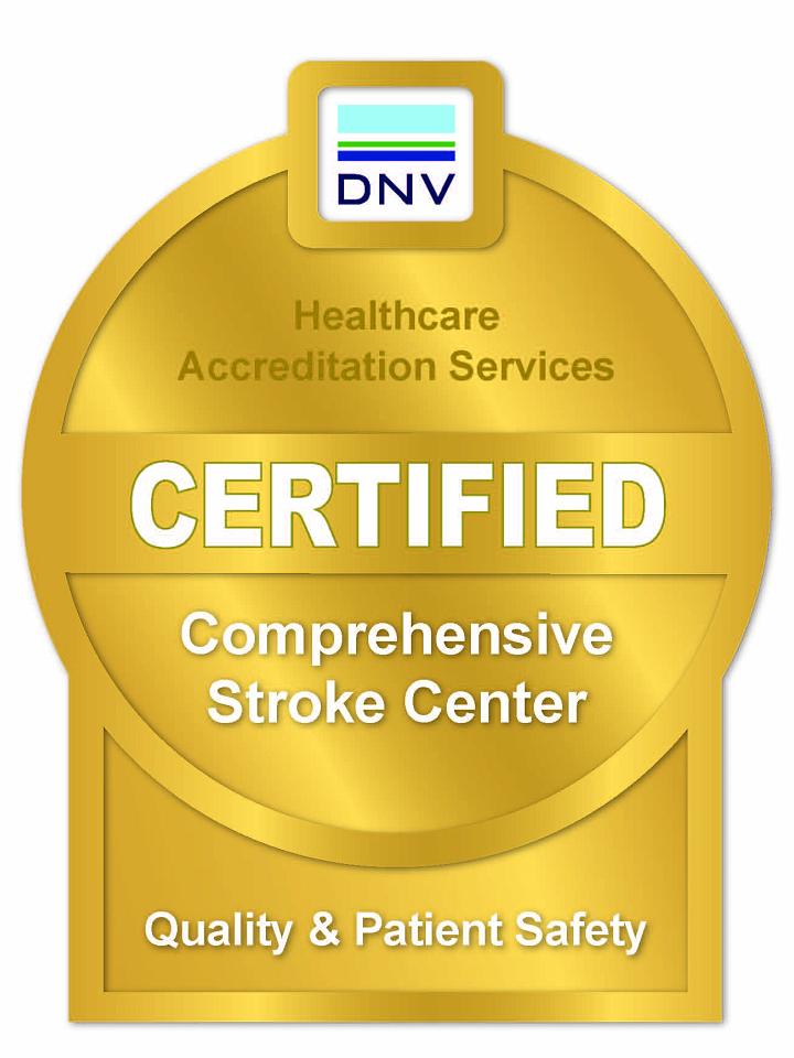 Gold emblem that says DNV Healthcare Accreditation Services Certified Comprehensive Stroke Center for Quality & Patient Safety